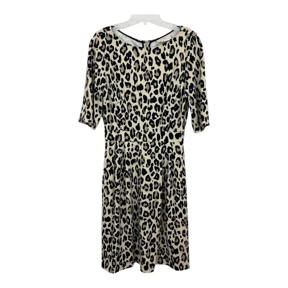 Kate Spade Dress Leopard Print Sheath Sz 8 Zip Back Short Sleeves Stretch